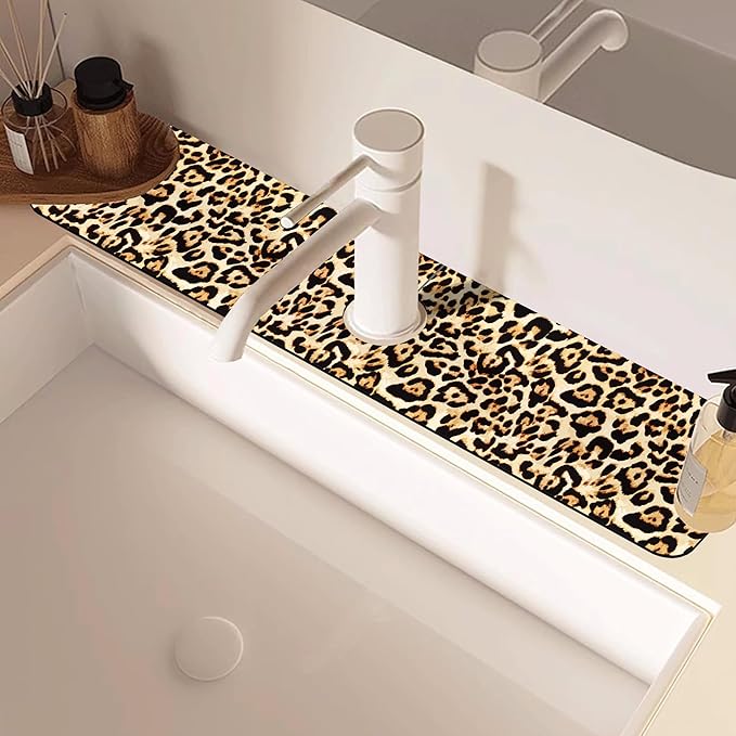 Abstract Brown Leopard Dish Drying Mat for Kitchen Sink Splash Guard Behind Faucet Sink Mat Absorbent Fast Drying Faucet Draining Mat for Bathroom Kitchen 5.5"×24"