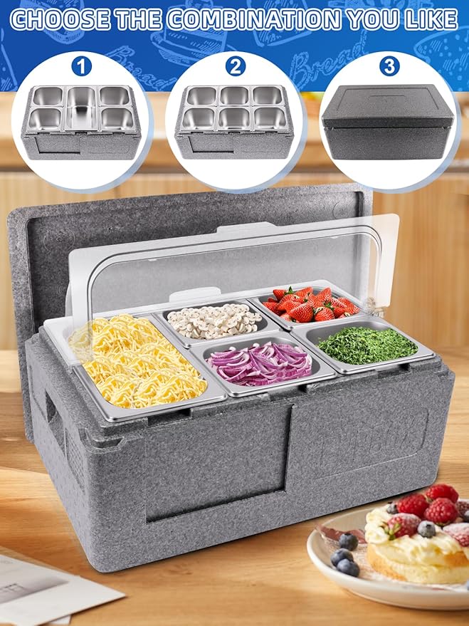 Lanstics Pizza Topping Station 7 Pans Salad Bar Buffet Station Insulated Cold Food Buffet Server with Ice Packs Lids Buffet Containers Set Platter Box for Party Buffet Keeping Food Cold