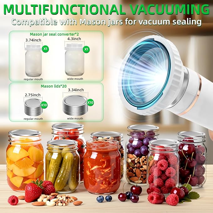 3-IN-1 Compact Vacuum Sealer for Food with Reusable Bags & Mason Jar Kit, Ultra-long 100-minutes Vacuuming Time, 6X Freshness Keep for Home Kitchen RV Travel Seal Meal