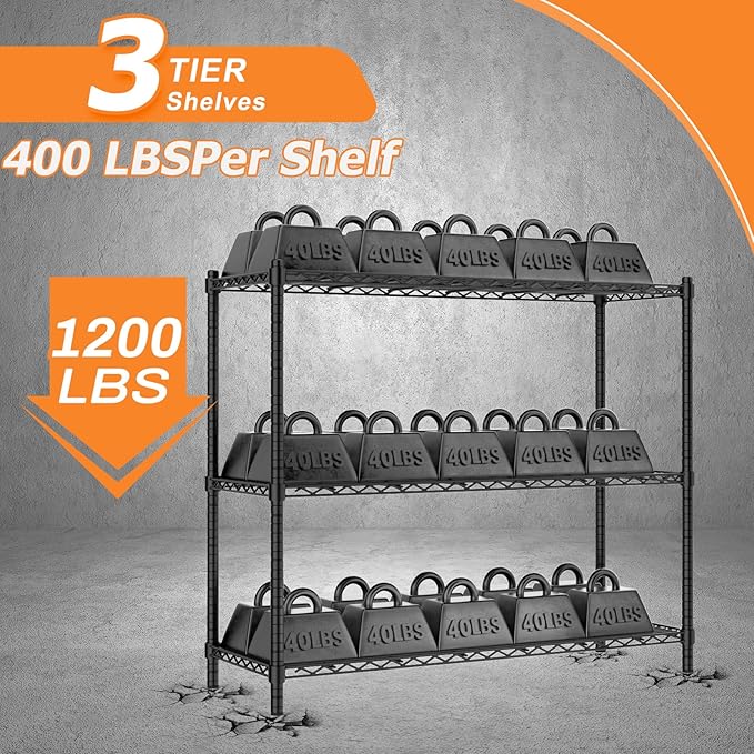Storage Shelves Heavy Duty, 48" W x 20" D x 47" H Garage Wire Shelving Unit Loads 1200LBS, 3-Tier Adjustable Metal Industrial Utility Shelf Rack for Kitchen, Laundry Room, Pantry, Warehouse, Basement