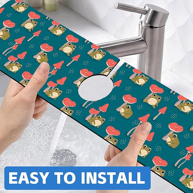 Cute Frog and Mushrooms Dish Drying Mat for Kitchen Sink Splash Guard Behind Faucet Sink Mat Absorbent Fast Drying Faucet Draining Mat for Bathroom Kitchen 5.5"×24"