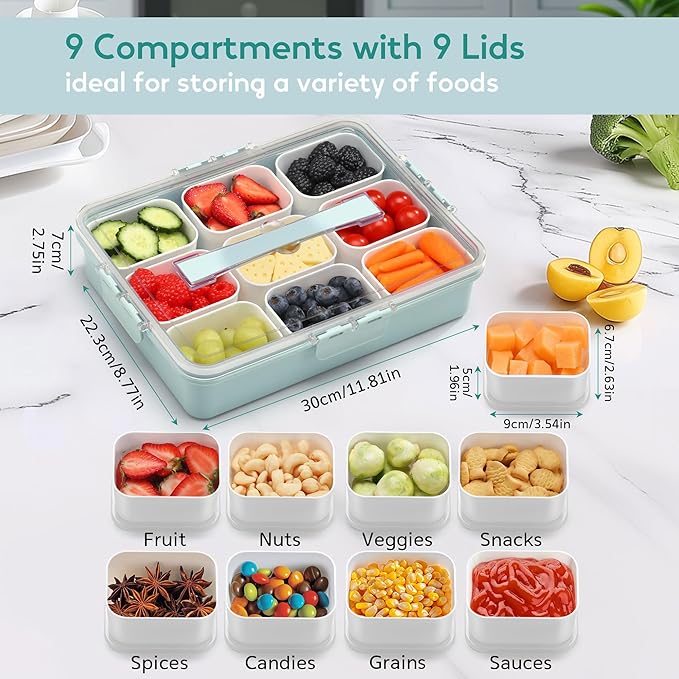 Snackle Box Container for Adults with 9 Compartment, Divided Serving Tray Snack Box Containers with Lid and Handle, Charcuterie Boxes Portable Snack Platter for Fruit Veggie Party Travel, Green