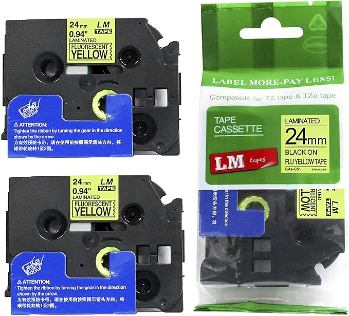 2/Pack LM Tapes - LMeC51 Premium 1" Black Print on Bright Yellow Label Compatible with Brother TZe-C51 P-Touch and Includes Tape Color/Size Guide. Replaces TZeC51 24mm 0.94 Laminated