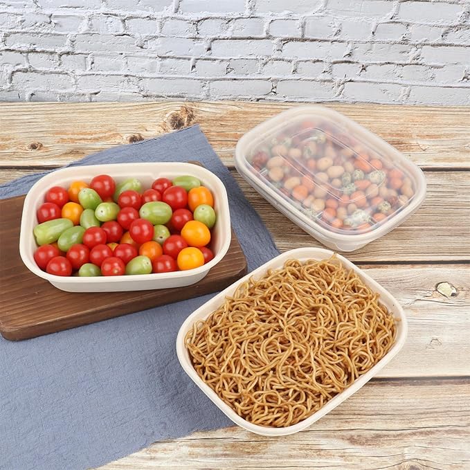 JAYEEY 35oz Disposable salad bowls with lids, Sugarcane Fiber Paper Bowls take away food containers meal prep deli container 50 Pack