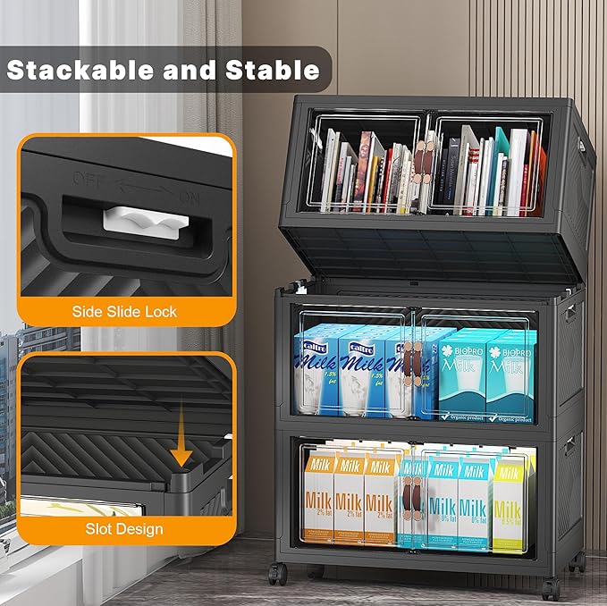 Extra Large Stackable Storage Bins with Lids & Wheels & Door, 156QT-52QT/13GAL*3Pack Foldable Collapsible Closet Organizers, Plastic containers drawers for bedroom Dorm