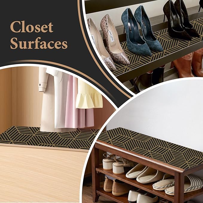 Shelf Liners for Kitchen Cabinets 23in x 20FT, Non Adhesive Cabinet Liner Strong Non-Slip Black Gold Geometric Drawer Liner, Easy to Clean for Shelf, Cabinet with Knife and Tape Measure