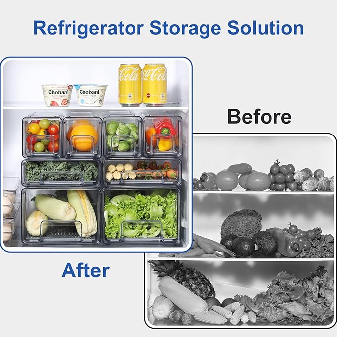 Pull Out Clear Fridge Organizer Drawers with Drainer, Refrigerator Stackable Storage Bins for Kitchen Fruit & Veggie Organization (Complete Set)