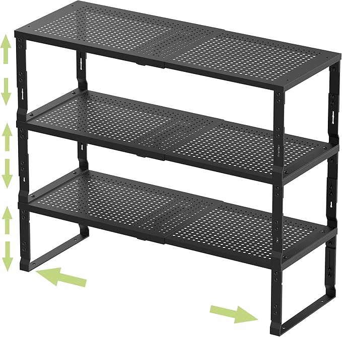 Jojocross Adjustable Expanable Stackable Spice Rack Shelf Pantry Storage Organizer for Kitchen Cabinet,Countertop,Bathroom and More.Space is no Longer Limited(3Packs/Black/Large)