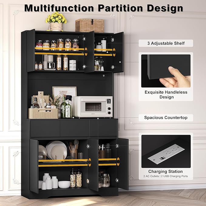 NBYSGO 71" Pantry Cabinet with Charging Station and LED Lights, Tall Kitchen Pantry Storage Cabinet with Microwave Stand, Modern Hutch with Storage Drawers for Dining Room, Living Room, Black