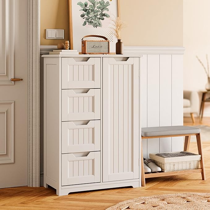 Gizoon Small Pantry with Door and Shelves, 33'' Kitchen Pantry Storage Cabinet Freestanding Wooden Bathroom Storage Cabinet with 4 Drawers for Kitchen and Dining Room, White