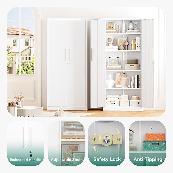 Greenvelly Metal Cabinet, 63”Tall Kitchen Pantry Storage Cabinets with 2 Lock Doors and 4 Adjustable Shelves,White Kitchen Cabinet Storage for Dinning Room,Garage,Office