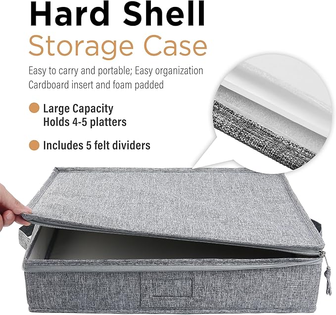 LotFancy Platter Storage Case, Hard Shell, China Storage Container for Moving, 17x13x3.5 in, 5 Felt Dividers Included