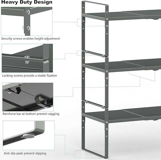 Jojocross Expandable Stackable Spice Rack Cabinet Shelf Organizer in Cabinets Shelves Kitchen Cupboard Organization Stack up Racks Pantry Countertop Storage (Gray, Large 2 Packs)