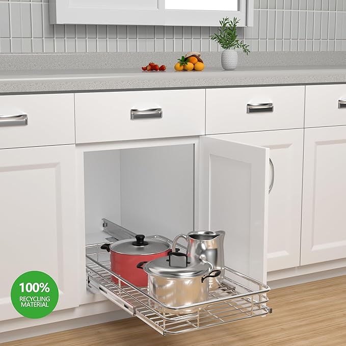JOWBOOW Pull Out Cabinet Organizer (16.4" W x 21" D), Put Out Shelves for Kitchen Cabinets, Roll Out Drawers Heavy-Duty Metal Sliding Shelf, Bottom Mount