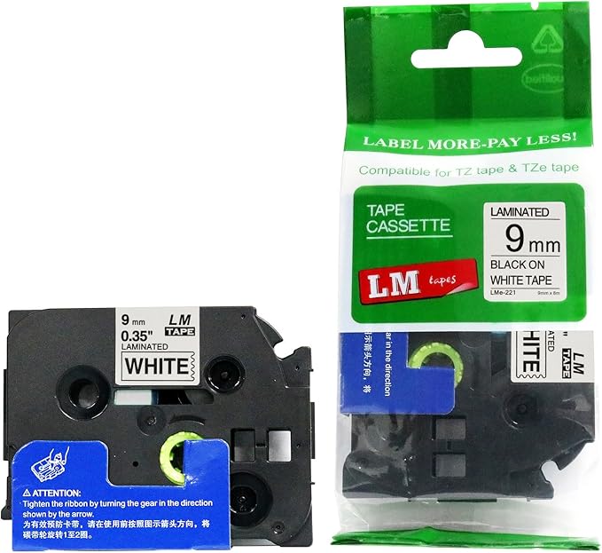 1/Pack LM Tapes - LMe221 Premium 3/8" Black Print on White Label Compatible with P-Touch TZe-221 Tape and Includes Tape Color/Size Guide. Replaces TZ-221 9mm 0.35 Laminated.