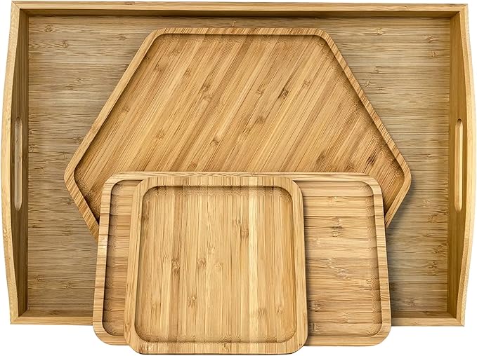 PAFREWOG Bamboo Serving Trays 16.5"x11.8"（42x30cm with Handle, Set Includes 1xHexagon 12.5"(32cm)+1xRectangle 9.8"(25cm)*5.9"(15cm)+1xSquare 5.9"(15cm) Dinner Plates Cheese Cutting Board
