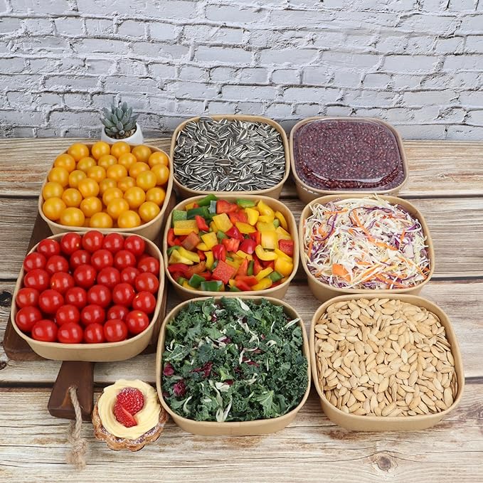 JAYEEY 25 oz Disposable Kraft paper bowls with lids,Food containers Soup Bowls Party Supplies Treat Bowls 50 Pack
