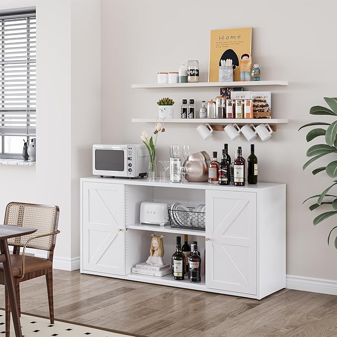 LCAOPC Metal TV Stand for 65 Inch TV, Farmhouse TV Entertainment Center with Storage Cabinets and Adjustable Shelves, Modern Media TV Console Table, TV Cabinet for Living Room, White