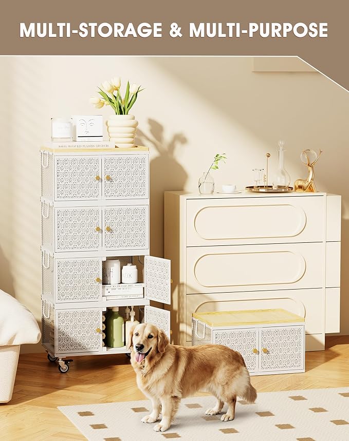 4 Tier Metal Storage Cabinet with wheels, Storage Bins with Magnetic Doors, Storage Cart for Living Room, Bedroom, Bathroom, Laundry, Kitchen