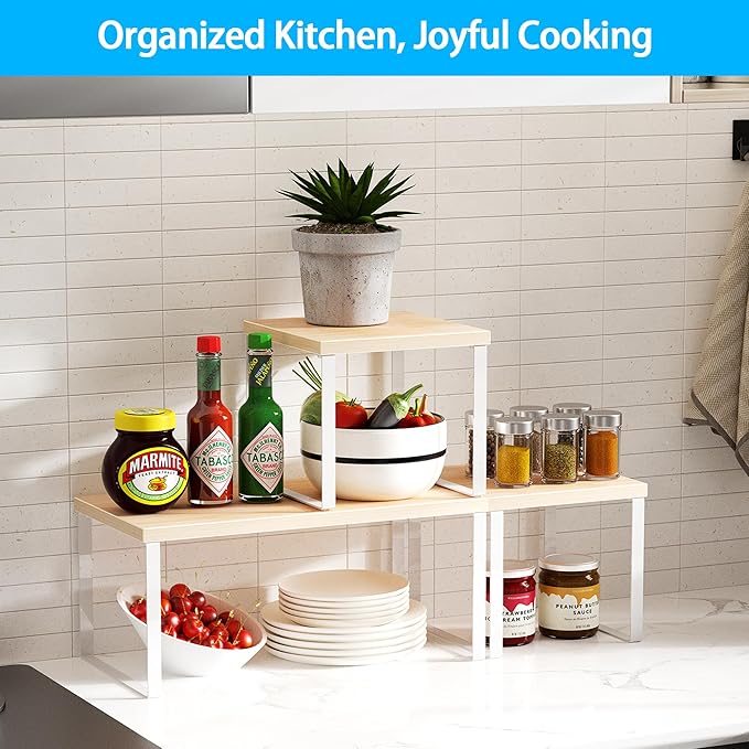 Golener Countertop Organizer Corner Shelf, 2 Tier Adjustable Stackable Corner Shelves for Kitchen, Bathroom, Spice Rack, Coffee Bar, Cabinet, Dresser Table, Corner Counter Shelf Stand, Natural Beige