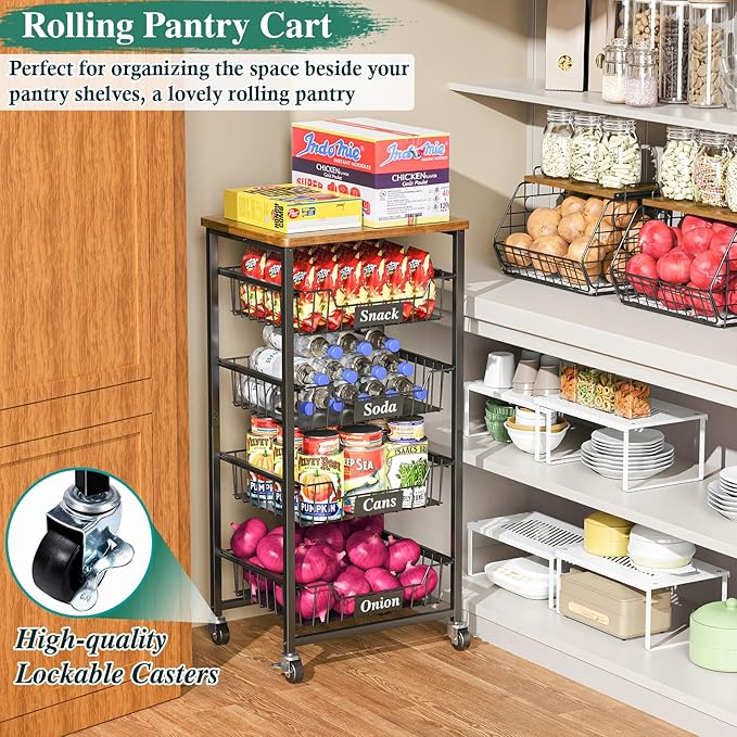 Fruit Basket, 5-Tier Utility Kitchen Organizer and Storage Cart with Pull-Out Baskets and Wood Top, Rolling Pantry Kitchen Cart on Wheels for Fruit Potato Onion Vegetable Snack Produce
