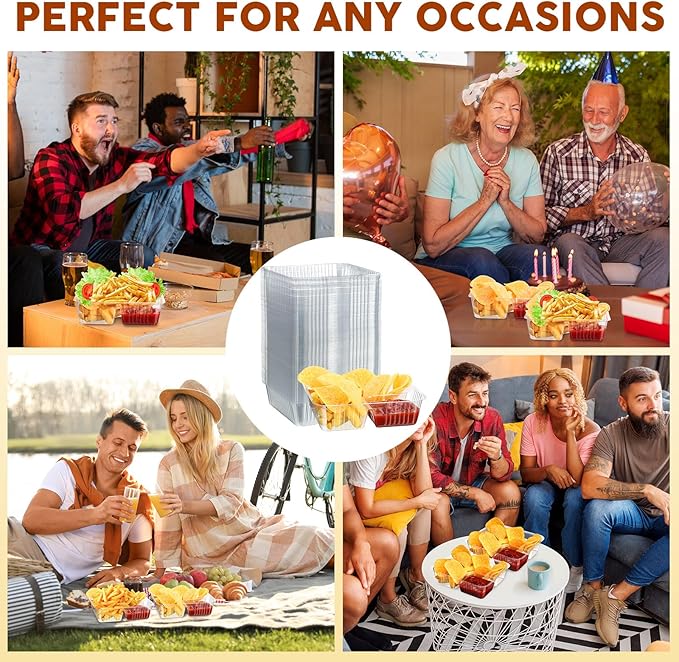 Vesici 100 Pcs 12oz Nacho Trays Disposable 2 Compartment Food Snack Tray Concession Stand Supplies Movie Night Clear Plastic Cheese Dip and Chip Holder for Candy School