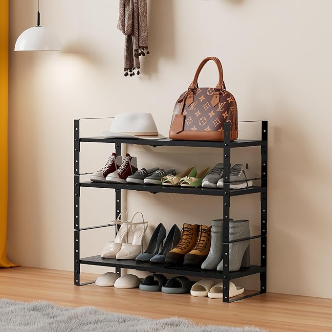 Multi-Functional Metal Shoe Rack, Space-Saving, Perfect for Entryway, Closet, Bathroom, etc. - Sturdy and Durable, High Weight Capacity（2PACKS/Black/Large
