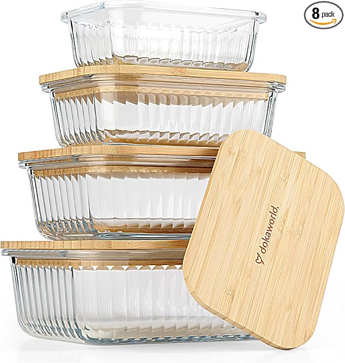 dokaworld Ribbed Glass Tupperware Set with Bamboo Lids - 4 Stackable Meal Prep Containers. Durable heat resistant Inert Borosilicate Glass