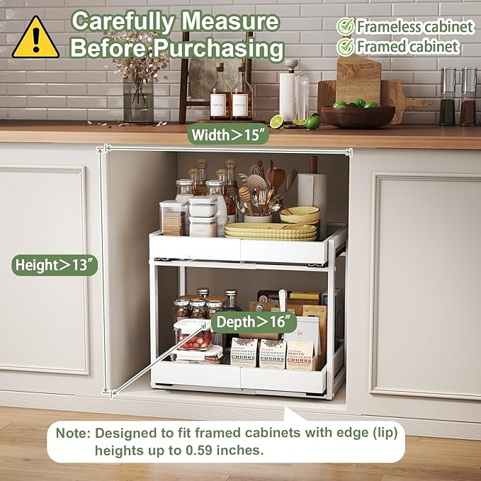 2 Tier Pull Out Cabinet Organizer ,Adjustable Width & Height, Expandable Pull-Out Drawers For Cabinets, Slide Out Shelves for Kitchen Cabinets / Countertop / Pantry,Heavy-Duty & Easy to Install(White)