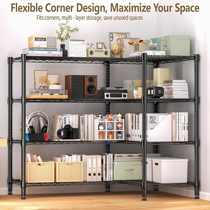Himimi 4-Tier Metal Shelving - 1600LBS Capacity, Adjustable Heavy Duty Wire Unit with Leveling Feet for Kitchen, Garage, Pantry, Laundry, 72" W x 18" D x 60" H, Black
