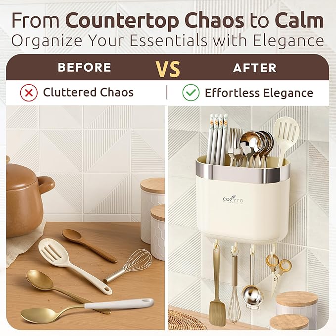 COZYTO LuxTray U1-Pro – Wall Mounted Kitchen Organizer with Hooks, Dividers & Drain Tray, No-Drill Adhesive, BPA-Free – Cream White with Rose Gold or Silver Accent (Cream White & Shiny Silver)