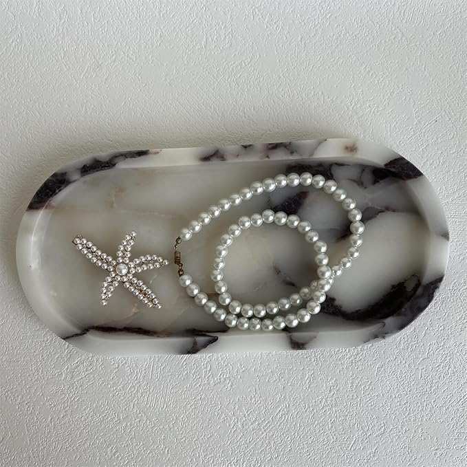 SAIDKOCC Natural Marble Oval Tray Ornaments Vintage Small Tray Storage Dish for Counter, Vanity, Dresser, Nightstand and Desk (Calacatta Purple)