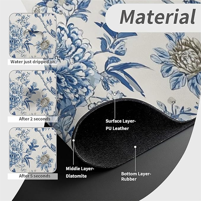Kitchen Sink Splash Guard，Blue flowers and birds Faucet Mat Sink Gadgets-Super Absorbent Fast Drying Mat Drip Catcher for Kitchen, Bathroom,Sink Mat, Dish Drying Mat, Bathroom(15" X 5.5" )