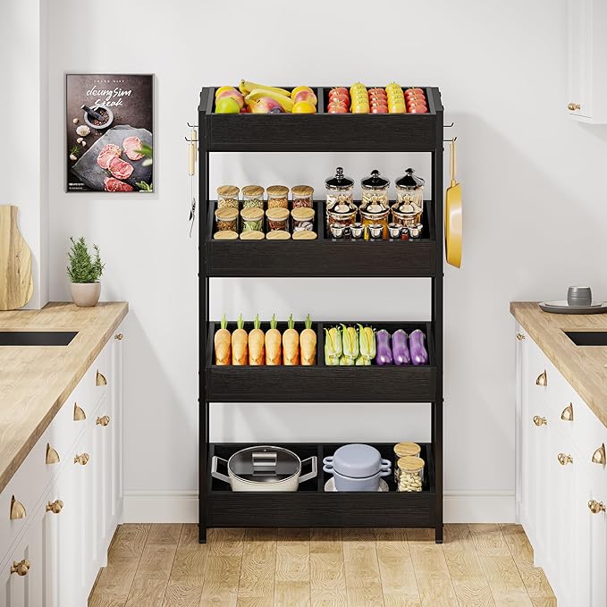 Tribesigns Wood Fruit and Vegetable Basket Stand Rack for Kitchen, Office, Store, Supremarket, Pantry Shelf Unit for Snacks, 4-Tier Wooden Utility Storage Shelves (Black)