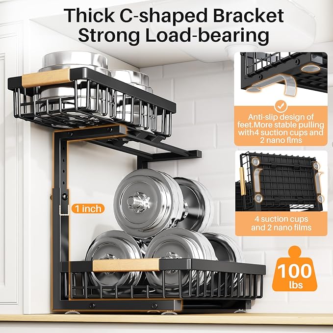 PXRACK Under Sink Organizer, Adjustable Height, 2 Tier Pull Out Under Cabinet Organizer, Slide Out Thickened Metal Under Sink Storage for Kitchen Bathroom Laundry Pantry Cabinet,1-Pack, Black
