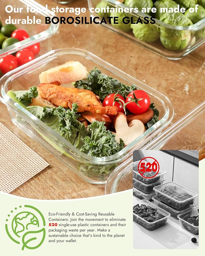 BOROHOUSE 12-Pack Glass Containers with Tempered Lids – Borosilicate, Oven-Safe(-4°F~950°F), Airtight, BPA-Free, Multi-Size for Meal Prep, Dishwasher Safe (Blue)