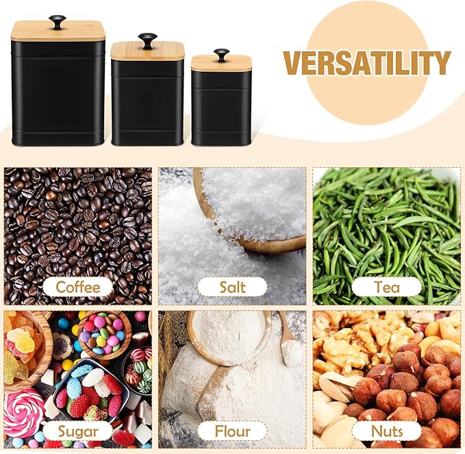 Tioncy Kitchen Canisters for Countertop Set of 3 Metal Canisters Sets with Bamboo Lids Spoon Airtight High Capacity Coffee Tea Sugar Flour Jars with DIY Labels Farmhouse Food Storage(Black,L,M,S)
