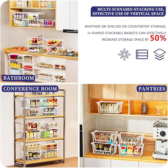 4 Pack Enhanced Leak-Proof Bottom Stackable Wire Baskets, Pantry Organizers and Storage, Pantry Storage，Shelf Baskets, Fruit Basket, Potato and Onion Storage Bins，(White)