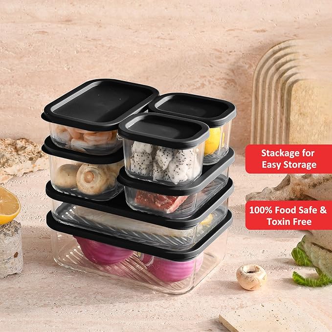 EATEX 7 Pack Glass Meal Prep Containers with Grooved Base, 7 Stackable BPA Free Glass Storage Containers with Lids for Lunch, Pantry, and Kitchen - Microwave, Dishwasher Freezer & Oven Safe - Black