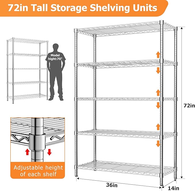 Storage Shelves Heavy Duty, 36" L x 14" W x 72" H Garage Wire Shelving Unit Loads 1750LBS, 5-Tier Adjustable Metal Industrial Utility Shelf Rack for Kitchen, Laundry Room, Pantry, Warehouse, Basement
