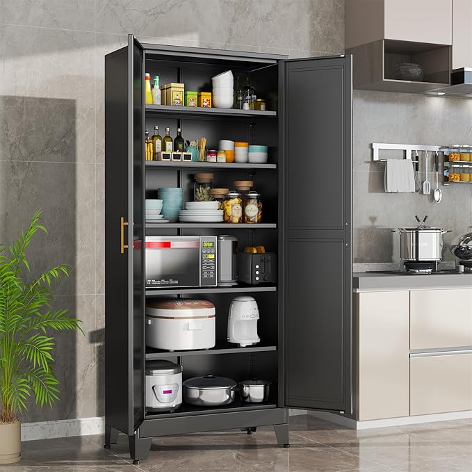 erosoei 75.2”H Metal Kitchen Pantry Storage Cabinet, Storage Cabinets with Adjustable Feet and Shelves,Food Pantries Cupboard for Kitchen, Living Room, Laundry Room and Dinning Room（Black）