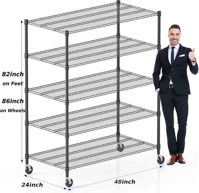 Homdox Heavy Duty Storage Shelves, 5 Tier Wire Shelving Unit with Wheels, Commercial Adjustable Metal Shelves for Storage, Garage Rack Pantry Shelves Kitchen Shelving, 24"x48"x82", Black