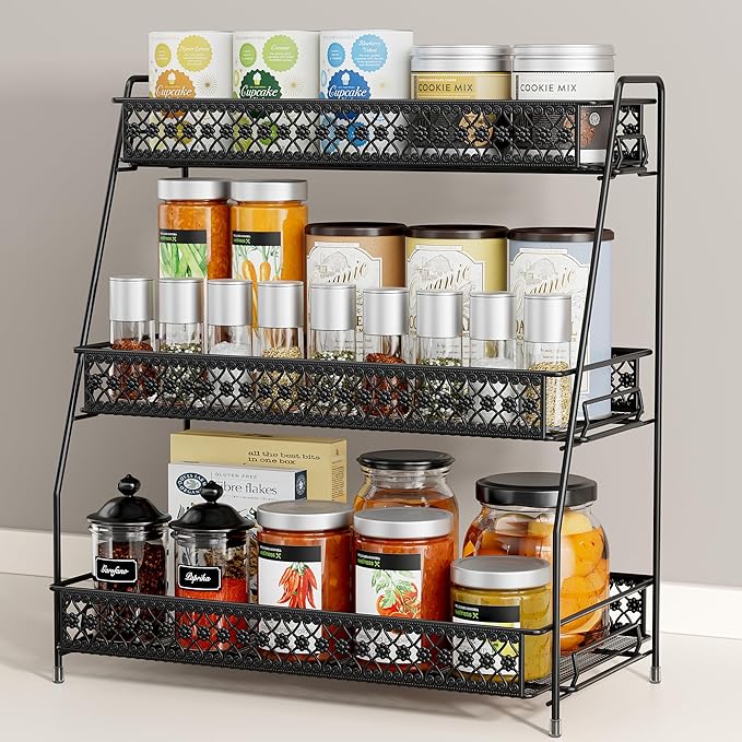 SILUB Vintage 3 Tier Spice Rack Organizer for Kitchen Counter, Bathroom Counter Organizer, 3 Tier Bathroom Counter Organizer for Spices Makeup Perfumes, Retro Countertop Organizer