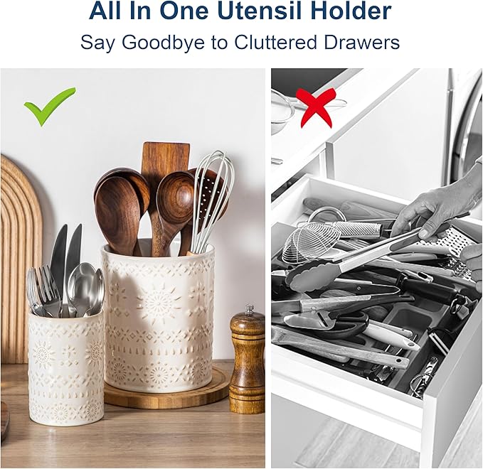 LOVECASA Utensil Holder, 7.2"+5.4" Ceramic Utensil Holder for Countertop, Large Cooking Utensil Crocks for Kitchen Counter, Farmhouse Utensil Vase for Housewarming, Kitchen Decor, Set of 2, Oasis