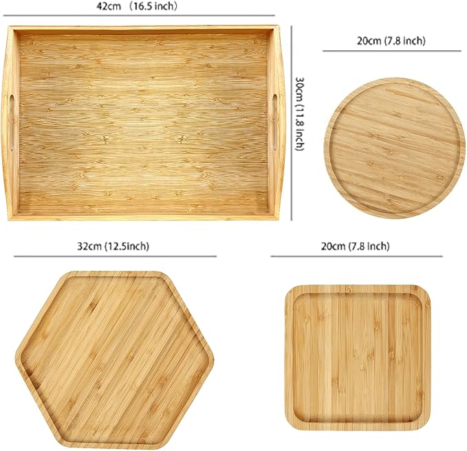 PAFREWOG Bamboo Serving Tray Dinner Plates Cheese Board 16.5"x11.8"（42x30cm with Handle, Set Includes 1xHexagon 12.5"(32cm)+1xSquare 7.8"(20cm)+1xCircle 7.8"(20cm)