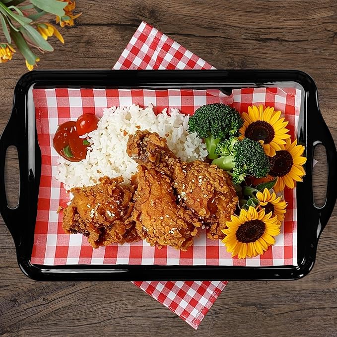 Large Black Serving Tray with Handles, 19''x11.6'' Melamine Platters, Rectangular Trays for Serving Food, Turkey, Cookie, Cupcakes, Desserts, Dishwasher Safe, BPA-Free, Set of 2