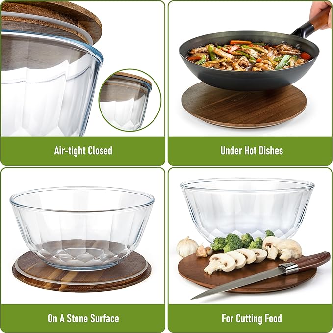 dokaworld Large Stackable Set of 5 Nesting Glass Bowls with Acacia Lids for Foodprep, Storage, Baking, Sourdough Mixing & Cooking. Microwave & Oven Safe Heat Resistant Inert Borosilicate Glass