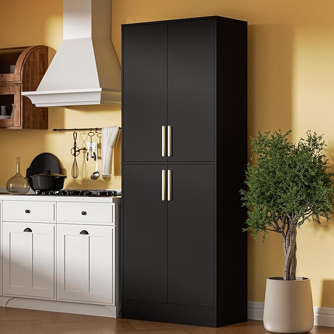 Housoul 71" Tall Pantry Cabinet, 4 Doors Kitchen Pantry Storage Cabinet, Freestanding Larder Cupboard, Kitchen Hutch with Gold Handles for Dining Room, Bathroom, Black