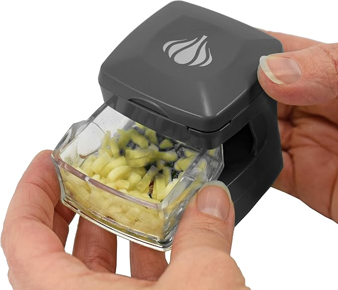 Kitchen Innovations Garlic-A-Peel Garlic Press, Crusher, Cutter, Mincer, and Storage Container - Includes Silicone Garlic Peeler - Easy to Clean - Stainless Steel Blades – (Grey), standard