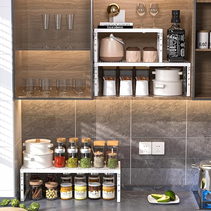 Ipotive Cabinet Shelf,Expandable Adjustable Stackable Kitchen Organizer,for cabinets, Kitchens, countertops, bathrooms Shelf Organizer(1Pack/White,Large)